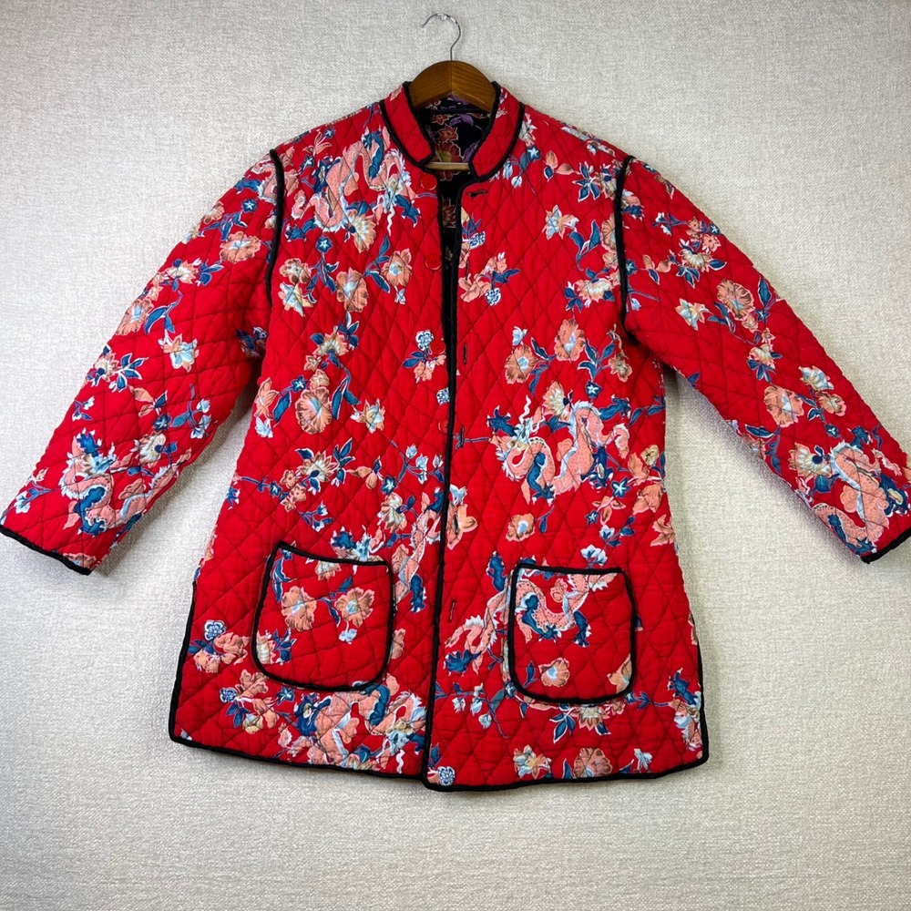 Vintage Reversible Quilted Jacket L Asian Dragon Floral Chore Coat Boho Kimono